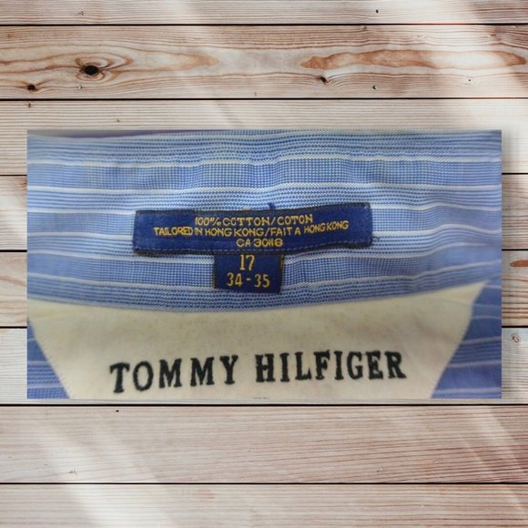 Tommy Hilfiger  Size 17 long Sleeve Blue Stripe Men's Shirt - Picture 6 of 7